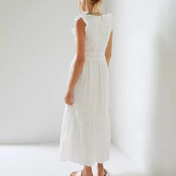 Anthropologie Dress Womens Extra Small Peregrine Midi White Smocked VNeck Aline - Picture 3 of 15